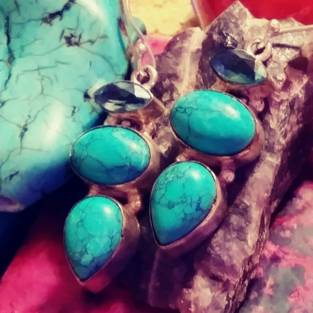 🔥KINGMAN TURQUOISE, LONDON BLUE TOPAZ, STERLING HYPOALLERGENIC EAR. 1-1/2" - Picture 9 of 12